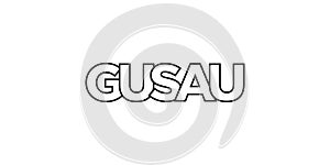 Gusau in the Nigeria emblem. The design features a geometric style, vector illustration with bold typography in a modern font. The photo