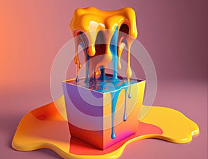 The gushing of a viscid cascade of liquid erupting into a pool of dye. Podium, empty showcase for packaging product