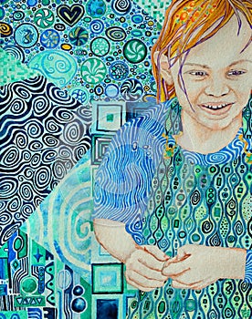 Gustav Klimt style abstract painting of little girl in blue and green. photo