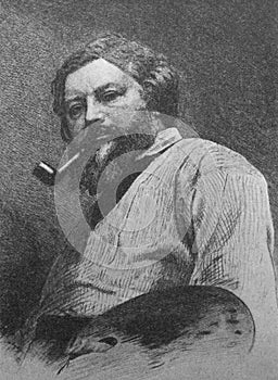 The Gustave Courbet`s portrait, a French painter in the old book the History of Painting, by R. Muter, 1887, St. Petersburg