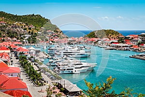 Gustavia, St Barts. Luxury yachts in harbor, West Indies, Caribbean. photo