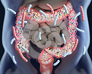 Gut bacteria, microbiome. Bacteria inside the large intestine, concept, representation.