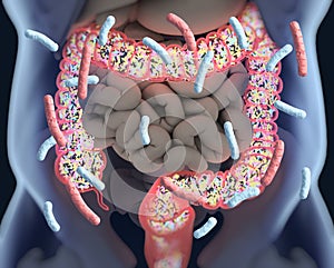 Gut bacteria, microbiome. Bacteria inside the large intestine, concept, representation. photo