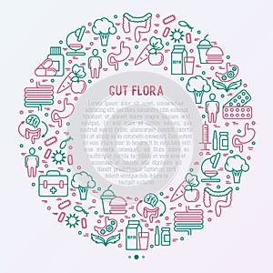 Gut flora concept in circle with thin line icons