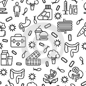 Gut flora seamless pattern with thin line icons: gut, bacteria, obesity, stomach, infection, depression, medicine. Vector