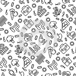 Gut flora seamless pattern with thin line icons: gut, bacteria, obesity, stomach, infection, depression, medicine. Vector