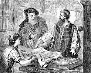 Gutenberg checking a proof from his work