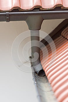 Gutter made of copper sheet. Gutter construction with downpipe