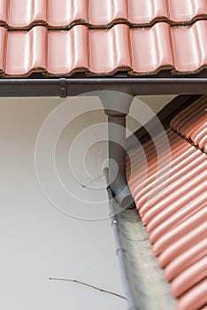 Gutter made of copper sheet. Gutter construction with downpipe