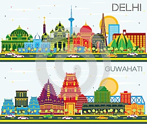 Guwahati and Delhi India City Skylines with Color Buildings and Blue Sky