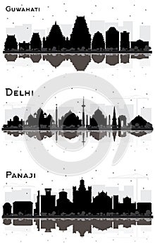 Guwahati, Delhi and Panaji India City Skylines Black and White Silhouette with Reflections