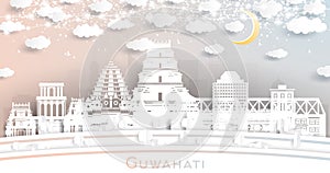 Guwahati India City Skyline in Paper Cut Style with White Buildings, Moon and Neon Garland