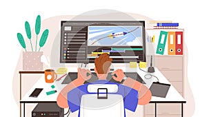 Guy animator at creation project process vector illustration. Male motion designer working on computer. Freelancer