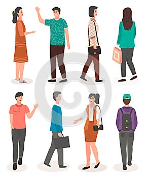 Guy with backpack, businesswoman, woman with package, businessman with briefcase, guy waving hand