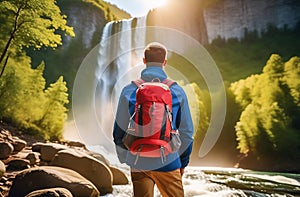 A guy with a backpack on his back is looking at a beautiful waterfall. A view from the back, the concept of travel and