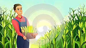 Guy with basket of corn cobs. Cheerful man. Farmer boy standing. Harvest agricultural plant. Food product. Farmer farm