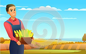 Guy with basket of corn cobs. Farmer boy standing. Harvest agricultural plant. Cheerful man. Rural autumn field