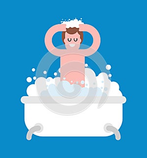 Guy in bath isolated. Male washing. Bath and foam. Vector illustration