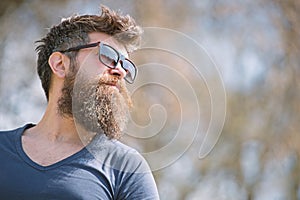 Guy with beard wears sunglasses. Hipster with beard and mustache on strict face, nature background, defocused. Man with