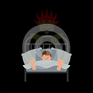 Guy in bed and Nightmare. Horror of night. Horrible dream. Monster in night. Vector illustration