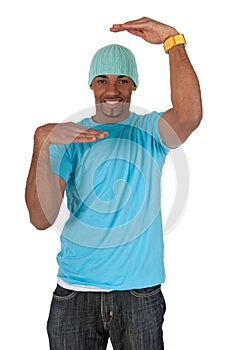Guy in a blue t-shirt making a frame with his arms