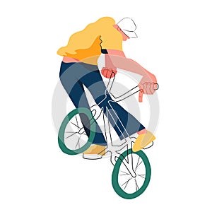 Guy on bmx, disproportionate flat with outlines vector illustration, isolated overexaggerated bicyclist on white background.