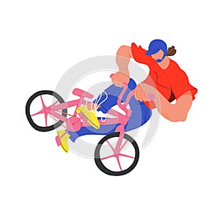 Guy on bmx make trick, disproportionate bright flat vector illustration, isolated overexaggerated bicyclist on grey background.