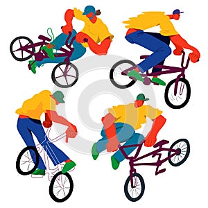 Guy on bmx make trick, disproportionate overtone flat vector illustration set, isolated overexaggerated bicyclist on white