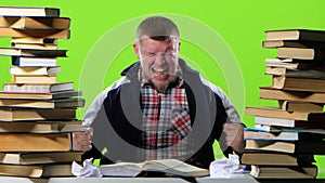 Guy with the book begins very angry, and slowly calmed down. Green screen