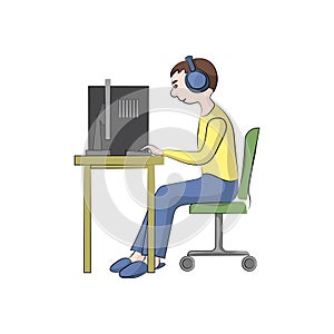 Guy, boy man with headphones is sitting at the computer. Vector color illustration.