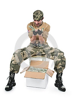 The guy in a camouflage and with a box of money