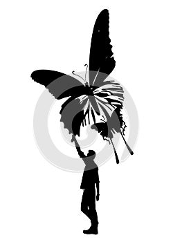 The guy caught his dream flying away like a butterfly. Allegory. Also good for tattoo. Editable vector monochrome image with high
