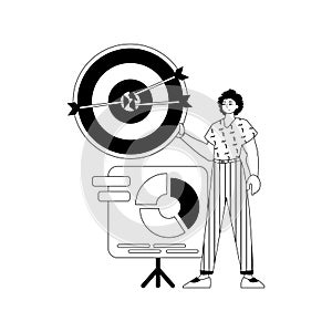 The guy with the chart . The arrow hits the prey . black and White linear stylus. Trendy style, Vector Illustration