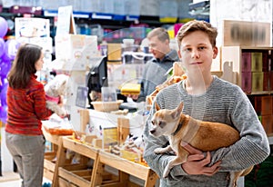 Guy chooses dry food for chihuahua dog in petshop