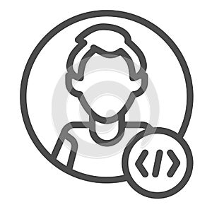 Guy coder with a code tag, avatar of programmer, developer line icon, ui concept, man vector sign on white background