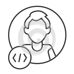 Guy coder with a code tag, avatar of programmer, developer thin line icon, ui concept, man vector sign on white