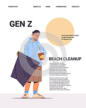 guy collecting trash into bag beach cleanup generation Z lifestyle concept new demography trend with progressive youth