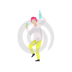 Guy dancing and drinking beer at party, young man having fun at nightclub vector Illustration on a white background