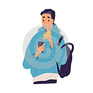 Guy with disappointed face expression read bad news at smartphone vector flat illustration. Shocked male looking at