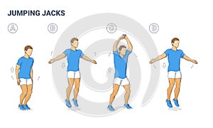Guy Doing Jumping Jacks Home Workout Exercise Diagram. Athletic Man Star Jumps Fitness Illustration.