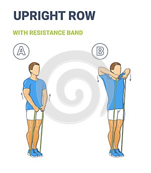 Guy Doing Upright Row Home Workout Exercise with Thin Resistance Band or Elastic Loop Guidance.