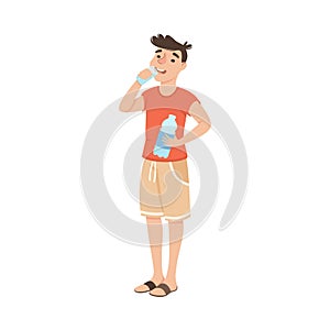 Guy Drinking Clean Water from Plastic Bottle, Man Quenching Thirst, Healthy Lifestyle Concept Cartoon Style Vector