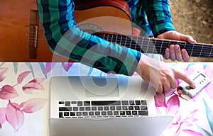 Guy driving the tuner during online guitar lessons at home