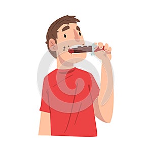 Guy Eating Chocolate, Sweet Tooth Man Greedily Devouring Sweets Cartoon Vector Illustration