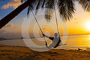 The guy enjoys the sunset riding on a swing on the ptropical beach. Silhouettes of a guy on a swing hanging on a palm tree,