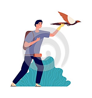 Guy and falcon. Male bird owner, wild pet. Man releases eagle in flight, isolated ornithologist vector illustration