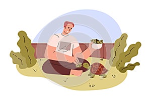 Guy feeding a turtle in the garden, cartoon tortoise eats grass from the owner's hands, vector home pet reptile