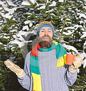 Guy with firtrees covered with snow on background. photo