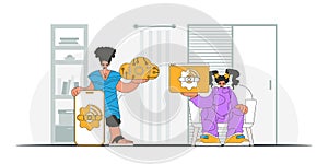 Guy and gal are partners in IoT, using a modern vector character style. photo