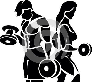 A guy and a girl of athletic build train with dumbbells.